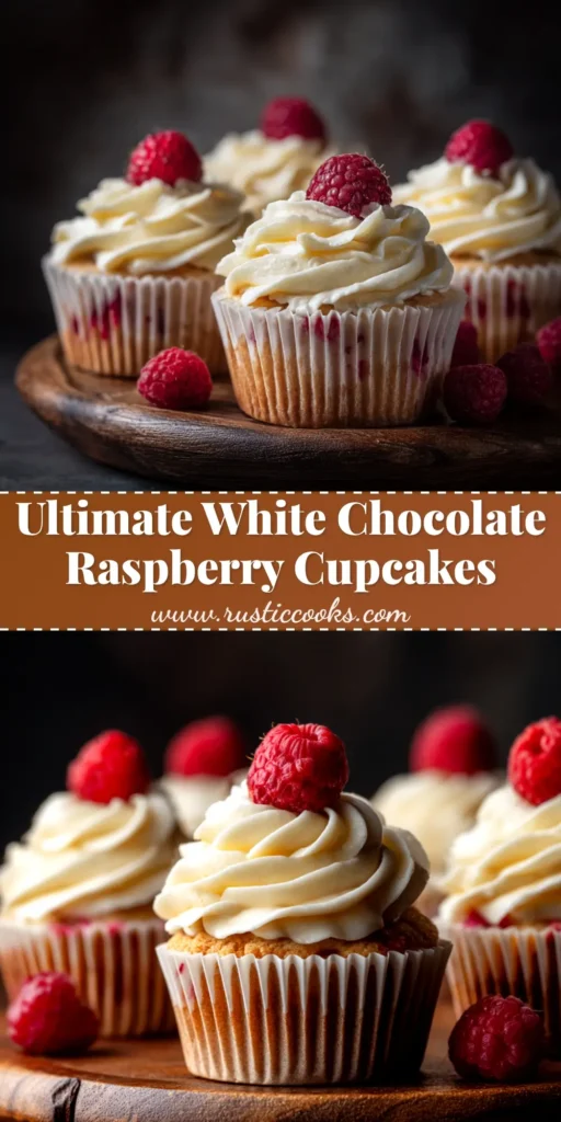 A beautiful white chocolate raspberry cupcake with white chocolate buttercream frosting, a fresh raspberry on top, and a bite taken out to show the raspberry filling.