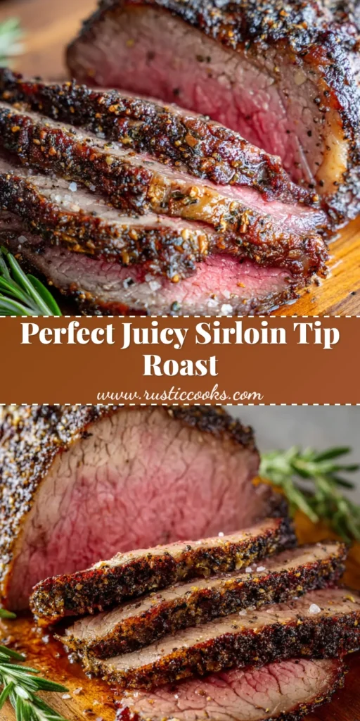 A perfectly oven-roasted sirloin tip roast sliced on a rustic wooden carving board, showing a medium-rare pink center and a dark caramelized crust.