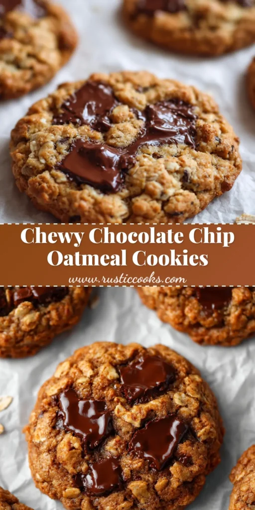 The Ultimate Thick and Chewy Chocolate Chip Oatmeal Cookies 4 A close up shot of freshly baked thick and chewy chocolate chip oatmeal cookies resting on a piece of crinkled white parchment paper.