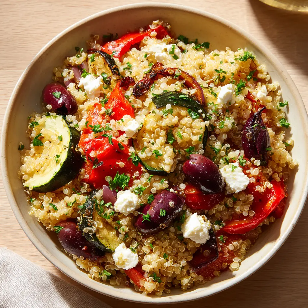 Glossy olive oil dressing over fluffy quinoa, fresh parsley flakes, and large crumbles of white feta cheese.