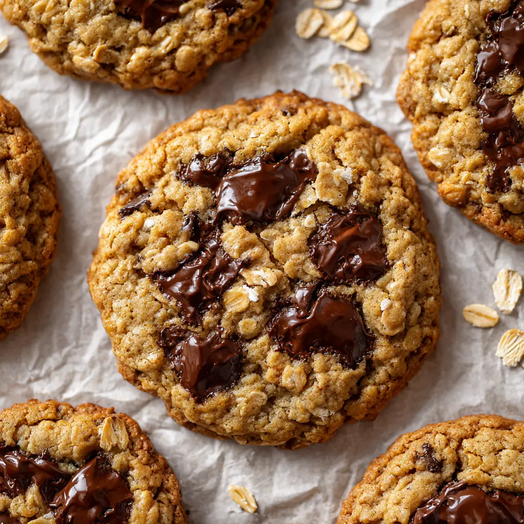 The Ultimate Thick and Chewy Chocolate Chip Oatmeal Cookies 2 Deeply golden-brown baked cookie dough base with visible textured flakes of rolled oats and melted semi-sweet chocolate chips.