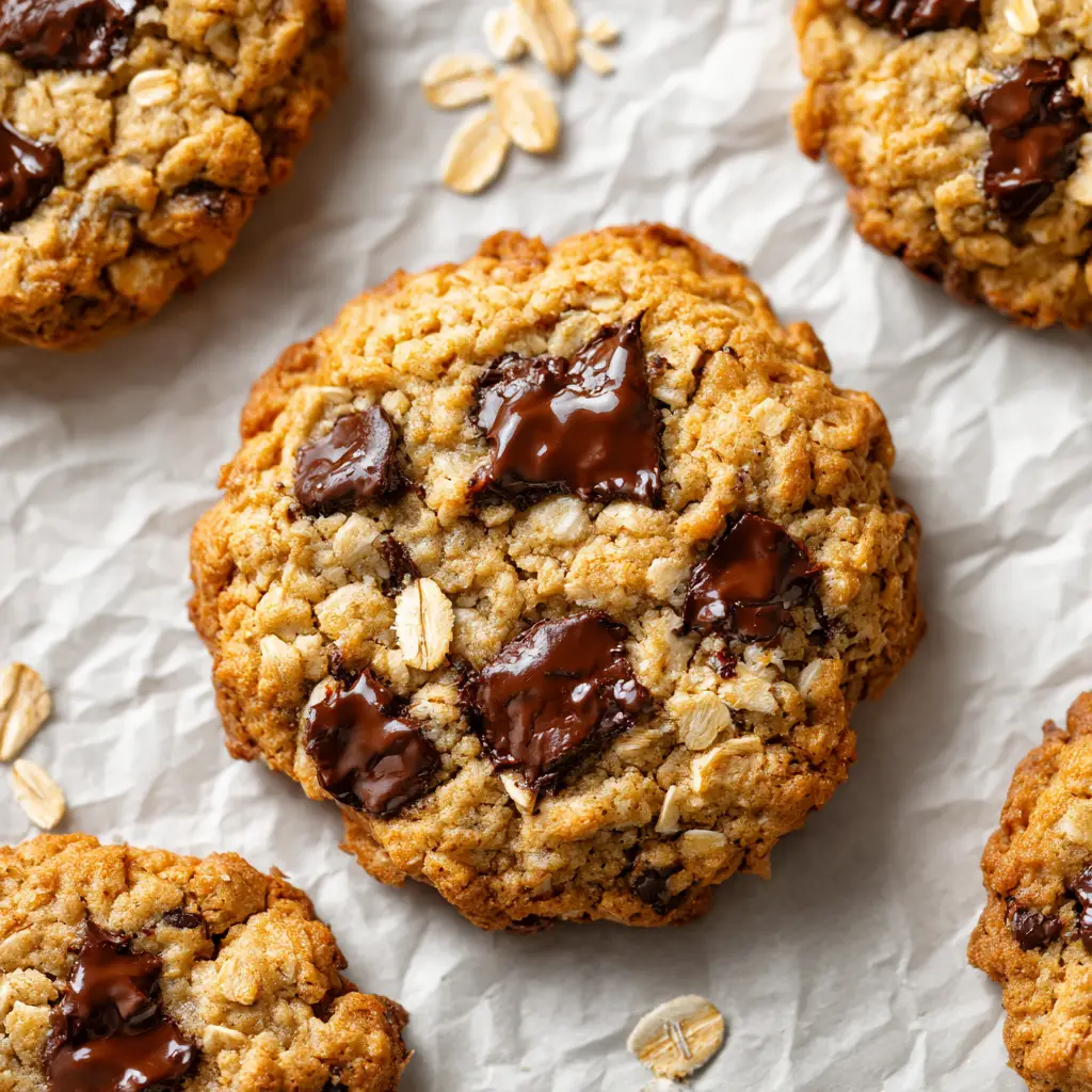 The Ultimate Thick and Chewy Chocolate Chip Oatmeal Cookies 1 Large pools of glossy melted semi-sweet chocolate chunks bursting through the crinkled tops of an oatmeal cookie.