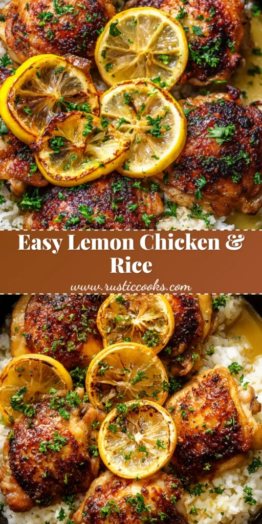 A close up, top-down view of Lemon Chicken Thighs and Rice with golden brown crispy skin, caramelized lemons, and parsley in a dark cast iron skillet.