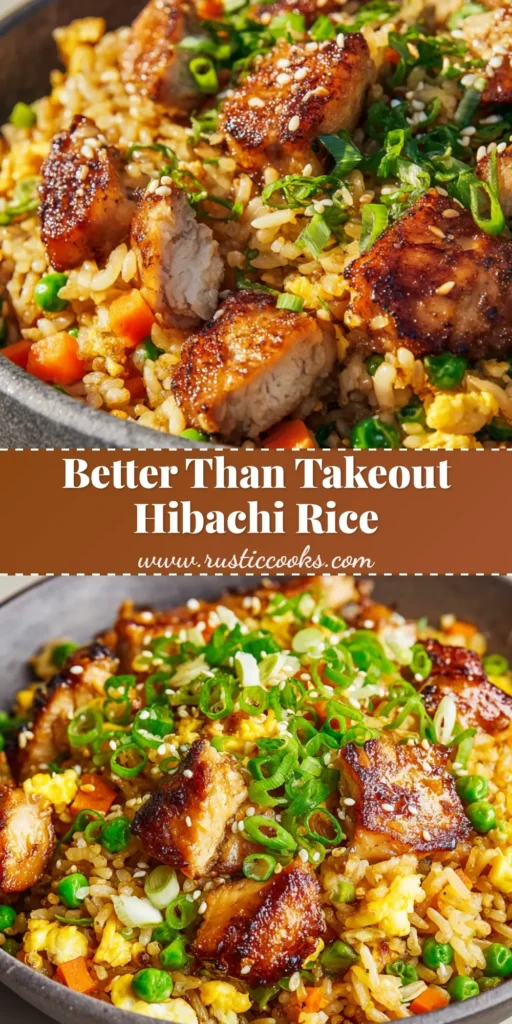 A shallow dark grey ceramic bowl filled with golden-brown Hibachi Chicken Fried Rice, bright orange carrots, green peas, and soy-glazed seared chicken chunks garnished with sesame seeds.