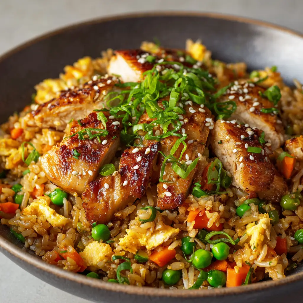 Juicy chunks of soy-glazed chicken breast resting on a bed of savory hibachi fried rice with freshly chopped green onions.