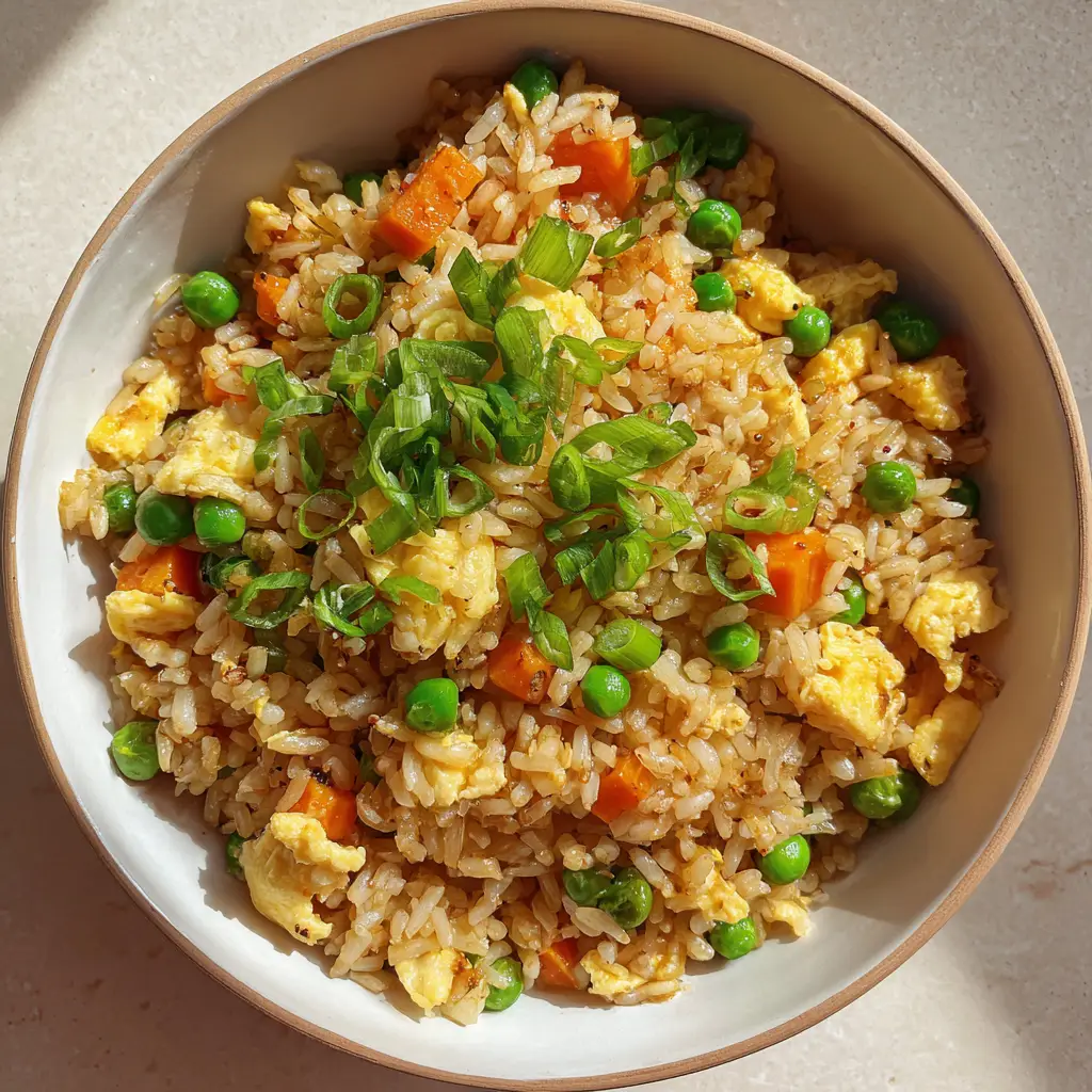 A savory bowl of 15-Minute Fried Rice mixed with bright green peas, diced tender orange carrots, small golden-yellow scrambled egg chunks, and black pepper flecks.