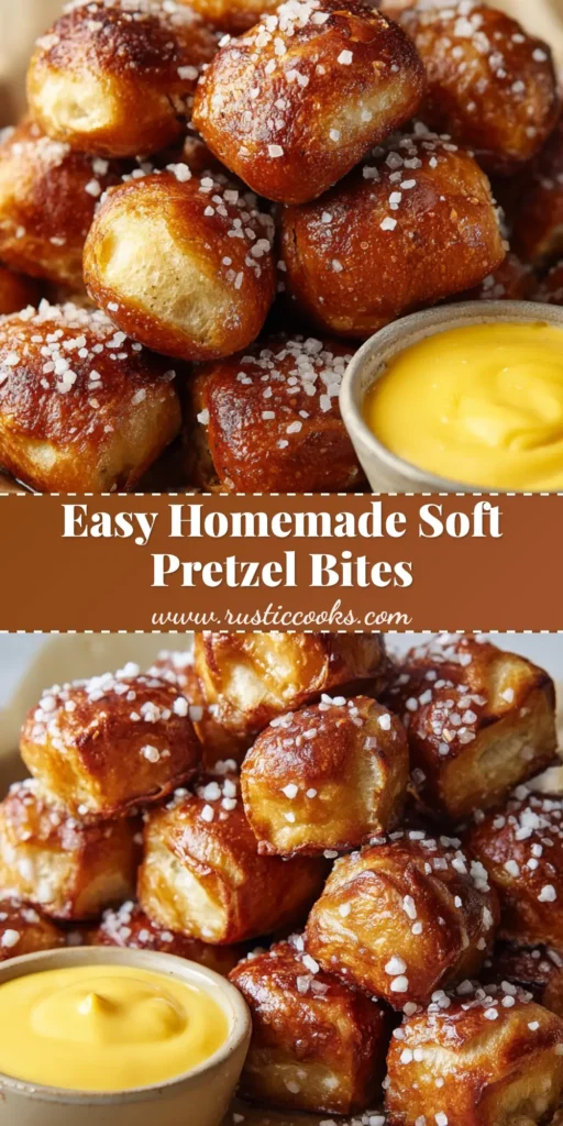 A pile of freshly baked soft pretzel bites with a glossy exterior and coarse sea salt, served with yellow cheddar cheese sauce.