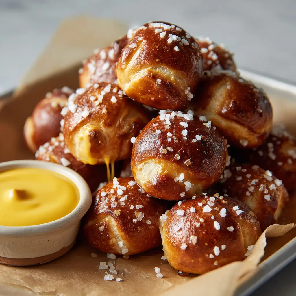 Bite-sized pretzel nuggets stacked loosely on parchment paper, illuminated by soft natural daylight.