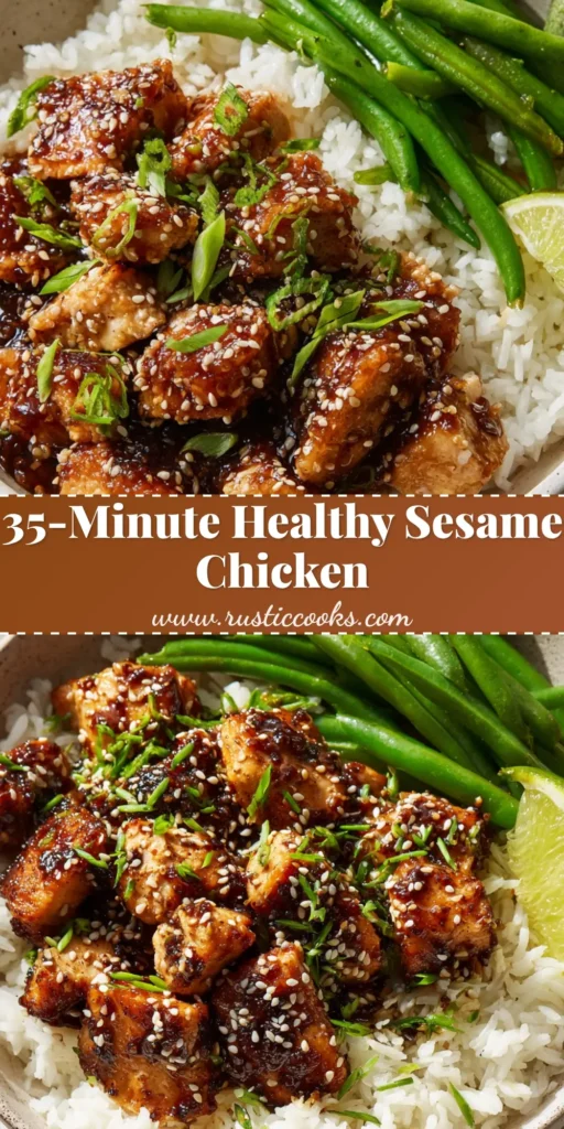 Healthy Sesame Chicken: The Ultimate Better-Than-Takeout Bowl 4 A close-up of a shallow ceramic bowl filled with fluffy white steamed rice, topped with healthy sesame chicken coated in a thick glossy glaze, garnished with sesame seeds, scallions, blistered green beans, and a lime wedge.