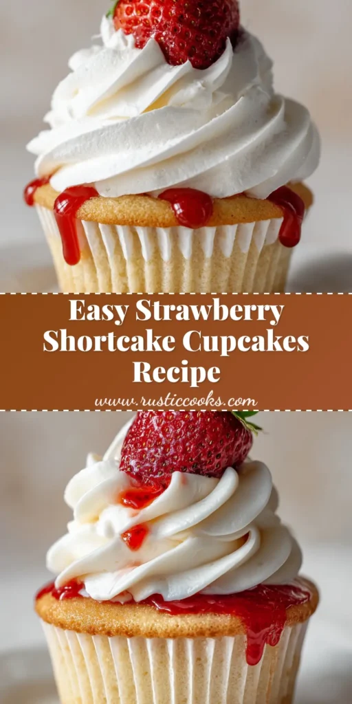 A meticulously detailed close-up of a strawberry shortcake cupcake with a tall swirl of pure white whipped cream, a fresh strawberry half, and glossy red syrup drizzle.