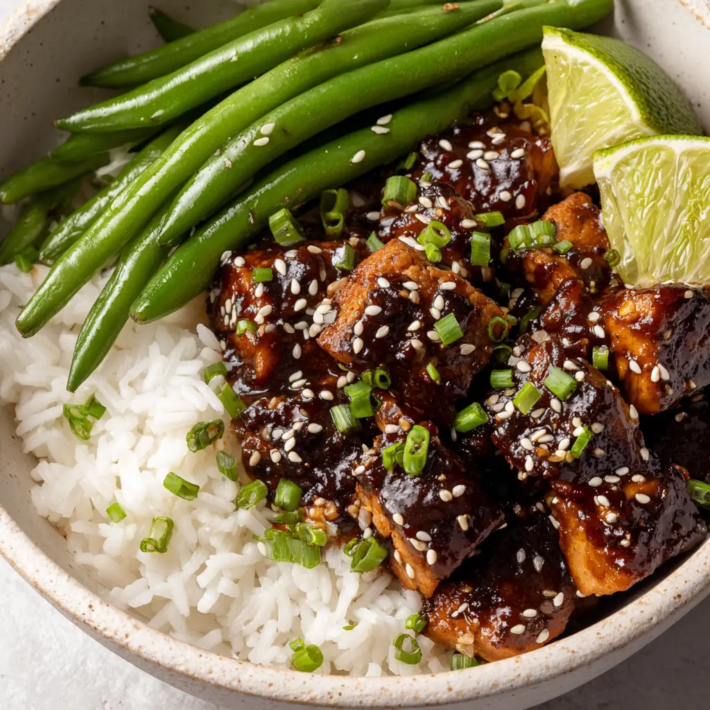 Healthy Sesame Chicken: The Ultimate Better-Than-Takeout Bowl 2 Overhead view of Healthy Sesame Chicken in a dark brown sticky glaze, heavily sprinkled with toasted sesame seeds and bright green scallions.