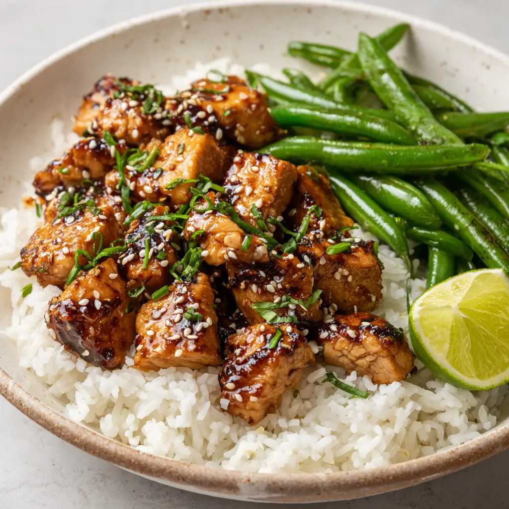Healthy Sesame Chicken: The Ultimate Better-Than-Takeout Bowl 1 A shallow bowl presenting a neat portion of lightly blistered whole bright green beans next to glazed healthy sesame chicken and a fresh lime wedge.