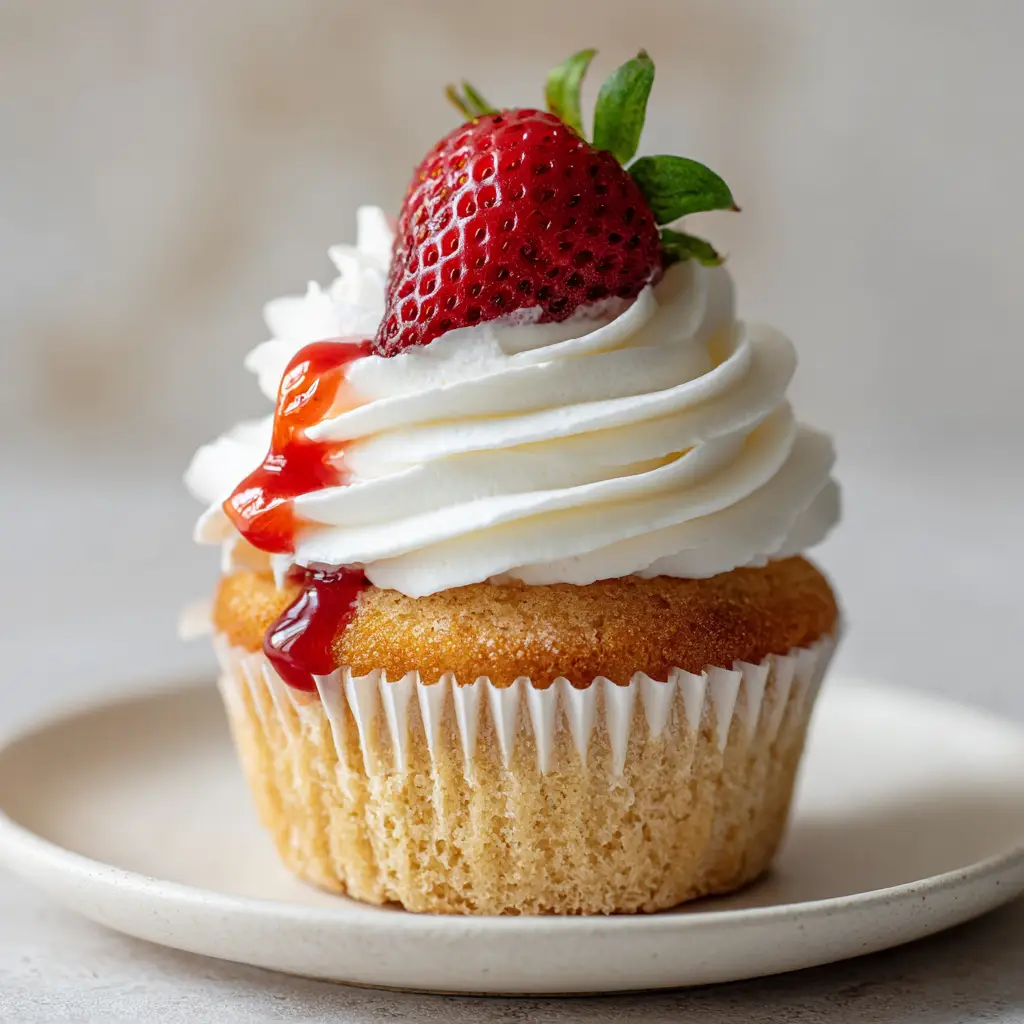 Close up of glossy red strawberry syrup drizzling down a tall peak of pure white whipped cream frosting on a cupcake.