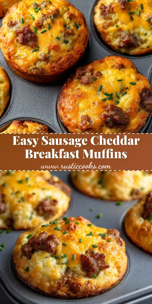 A close-up view of freshly baked savory Sausage Breakfast Muffins with domed tops, melted cheddar cheese, and green chives in a dark metal tin.