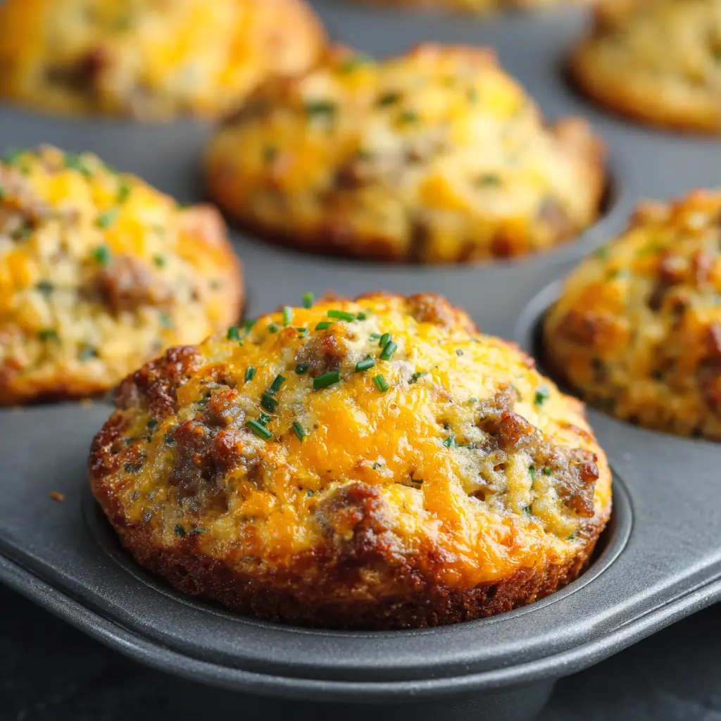 Top down view of freshly baked savory sausage and cheddar muffins sitting in a dark metal muffin tin illuminated by soft daylight.