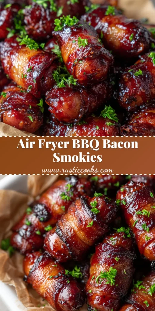 The Ultimate Air Fryer Bacon Wrapped Smokies Recipe 4 A towering pile of Air Fryer Bacon Wrapped Smokies coated in a sticky mahogany glaze, plated on parchment paper with parsley flakes.