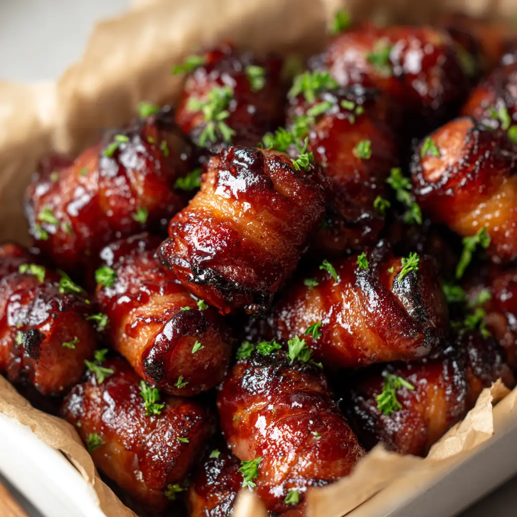 The Ultimate Air Fryer Bacon Wrapped Smokies Recipe 2 Close-up of small cocktail sausages tightly wrapped in crispy rendered bacon with a glistening BBQ glaze.