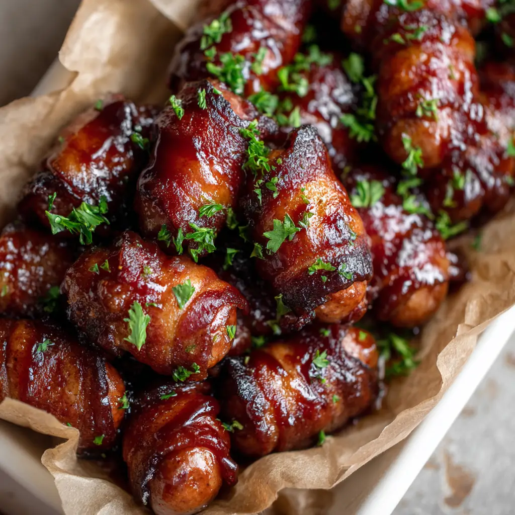 The Ultimate Air Fryer Bacon Wrapped Smokies Recipe 1 Overhead shot of little smokies wrapped in bacon on a white ceramic platter lined with brown parchment paper.