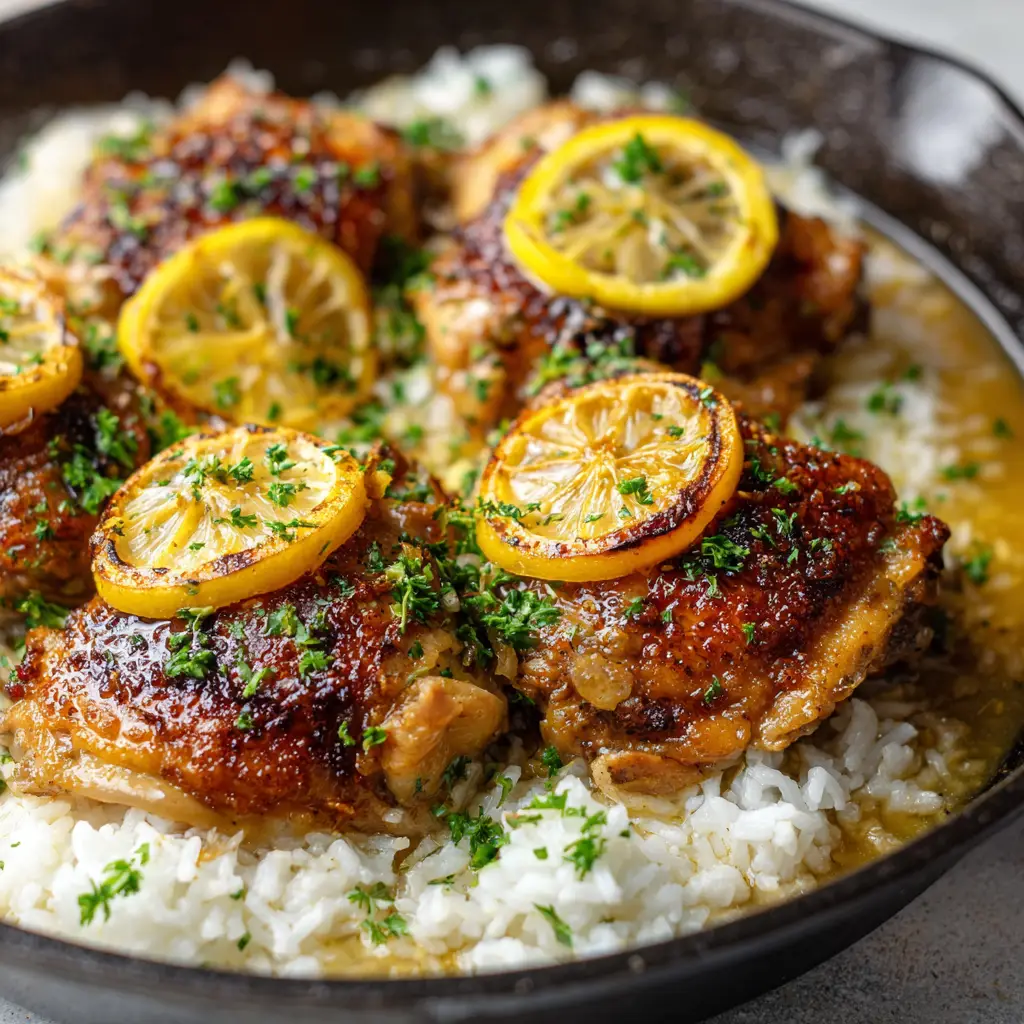 Golden brown, pan-seared chicken thighs with crispy skin resting on a bed of fluffy cooked white rice, topped with caramelized lemons and fresh green parsley.
