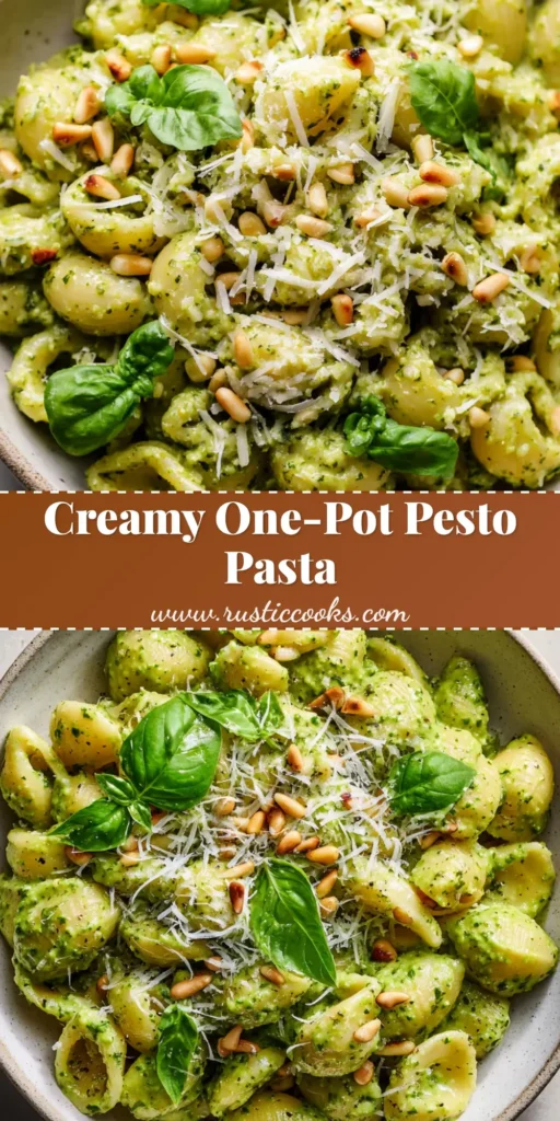 A close-up overhead shot of a bowl filled with cooked short pasta heavily coated in a thick, vibrant creamy pesto pasta sauce.