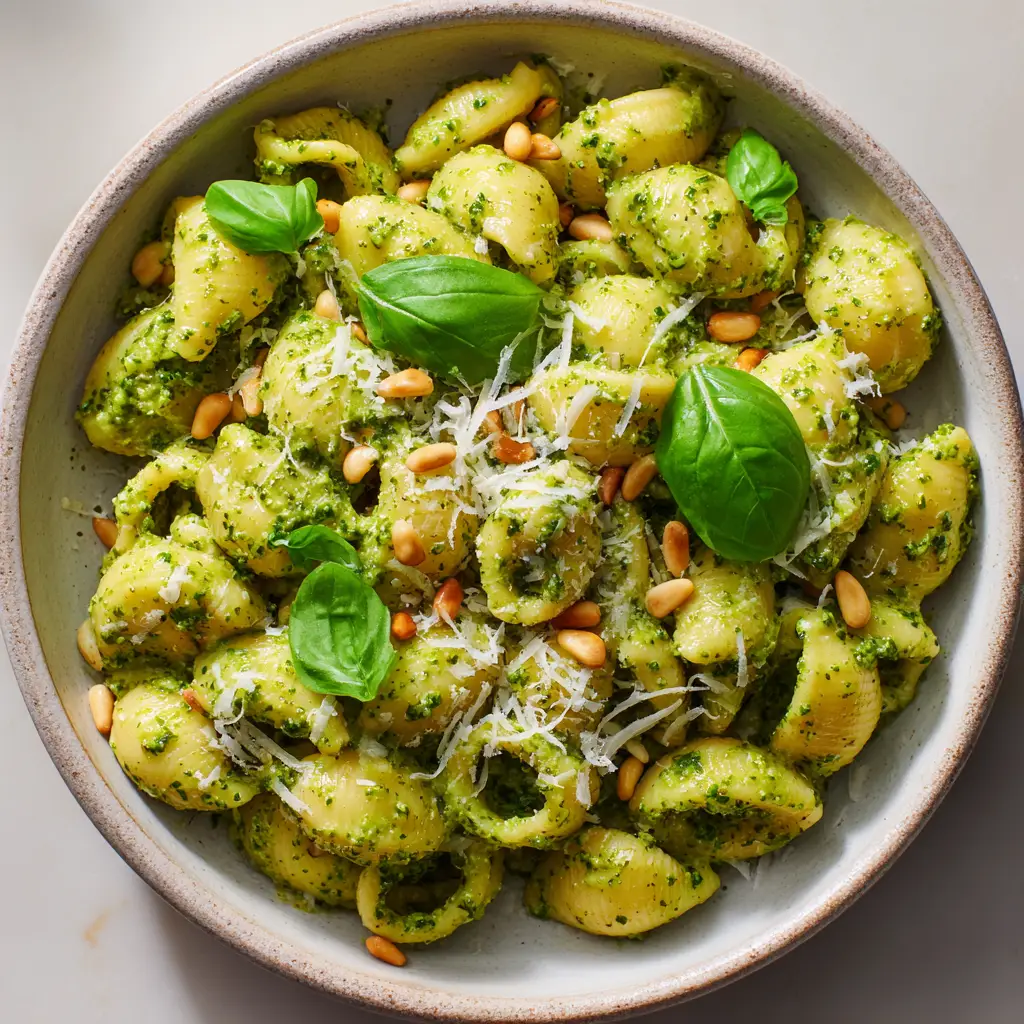 Glossy texture of creamy green pesto sauce coating perfectly al dente short pasta in a shallow bowl.