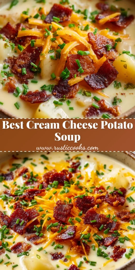 The Ultimate Cream Cheese Potato Soup Masterpiece 4 A close-up of thick, velvety cream cheese potato soup in a rustic bowl topped with crispy bacon, melted cheddar, and fresh chives.