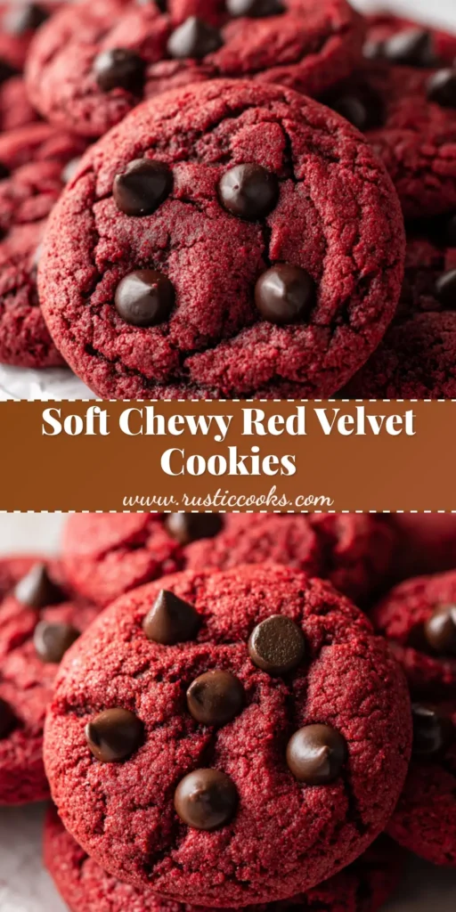The Ultimate Red Velvet Cookies: Fudgy, Chewy, and Perfectly Cracked 4 Close-up of thick, soft, and chewy Red Velvet Cookies with melted semi-sweet chocolate chips on white parchment paper.
