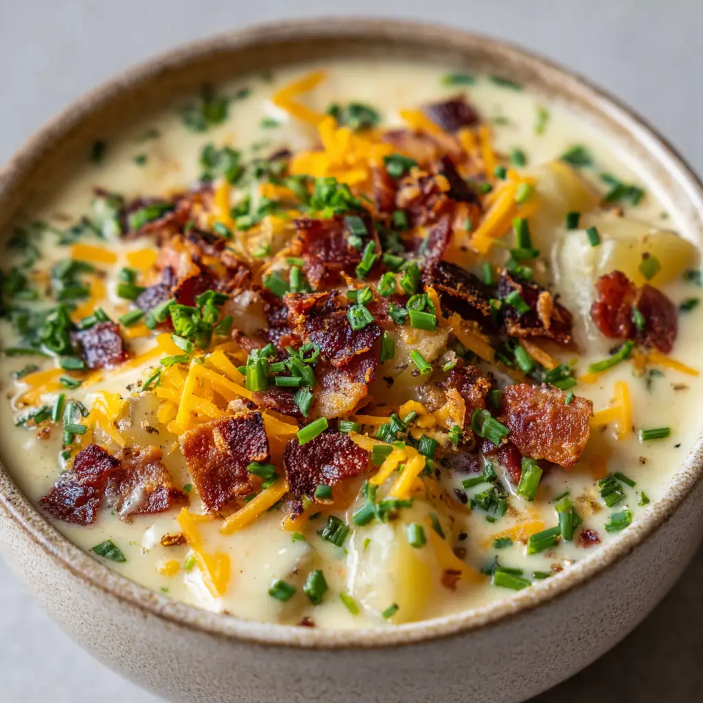 The Ultimate Cream Cheese Potato Soup Masterpiece 2 Overhead view of rich white-yellow cream cheese potato soup with chunky diced potatoes submerged in the broth.