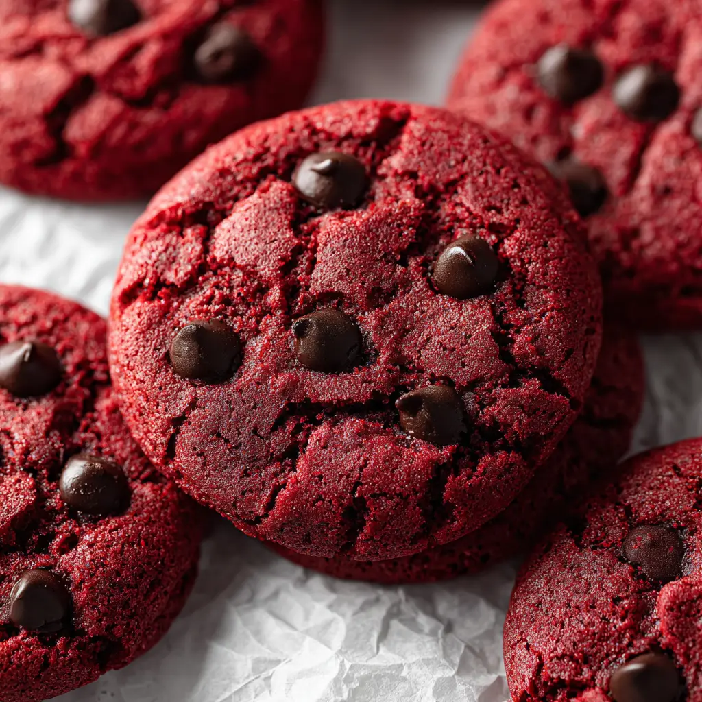 The Ultimate Red Velvet Cookies: Fudgy, Chewy, and Perfectly Cracked 2 A dense fudgy center of a broken red velvet cookie showcasing the vibrant crimson red color and slightly cracked surface.