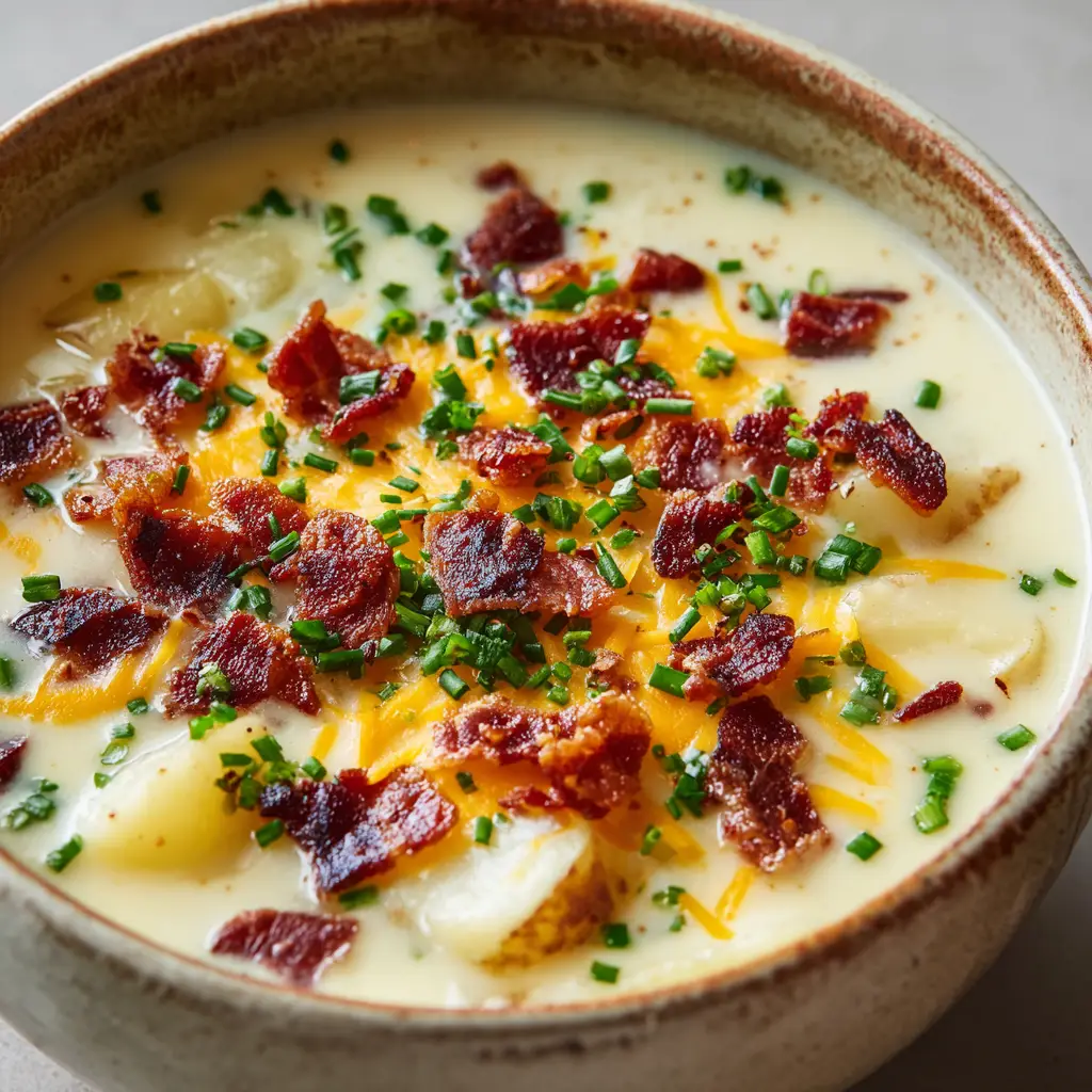 The Ultimate Cream Cheese Potato Soup Masterpiece 1 Close-up of bright orange shredded cheddar melting perfectly into the hot creamy potato soup alongside dark crispy bacon bits.