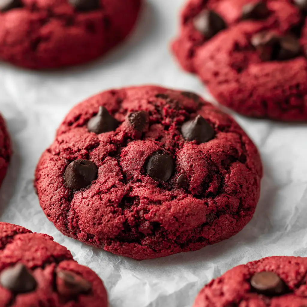 The Ultimate Red Velvet Cookies: Fudgy, Chewy, and Perfectly Cracked 1 Freshly baked red velvet cookies with perfectly crispy edges resting on a neutral background in soft daylight.