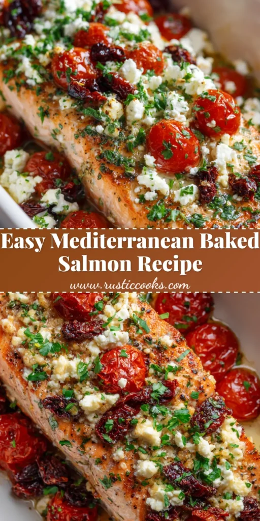 A spectacular Mediterranean Baked Salmon fillet with a flaky, slightly charred pinkish-orange surface, thickly layered with crumbled white feta cheese, blistered red cherry tomatoes, and sun-dried tomatoes on a flat white ceramic baking dish.