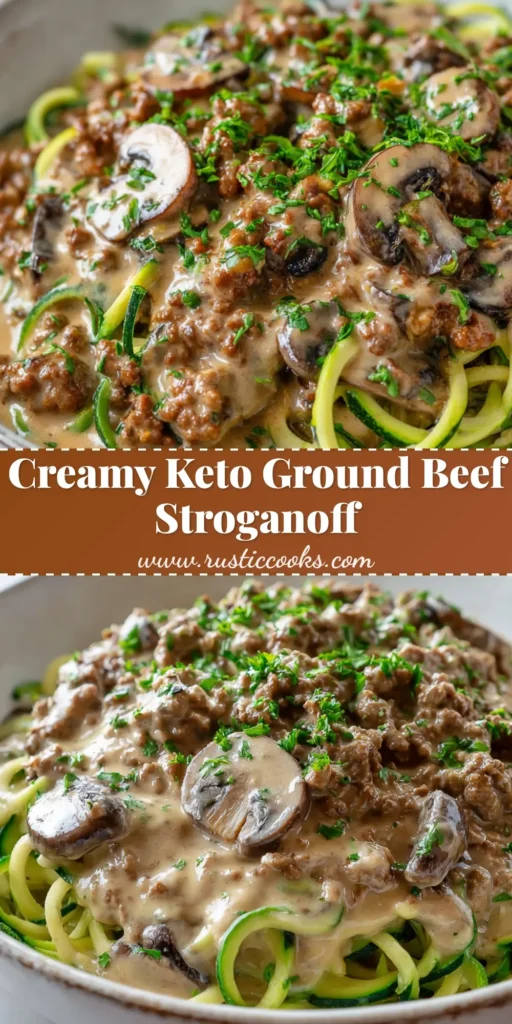 A shallow rustic white ceramic bowl filled with Keto Ground Beef Stroganoff over pale green spiralized zucchini noodles, topped with fresh parsley.