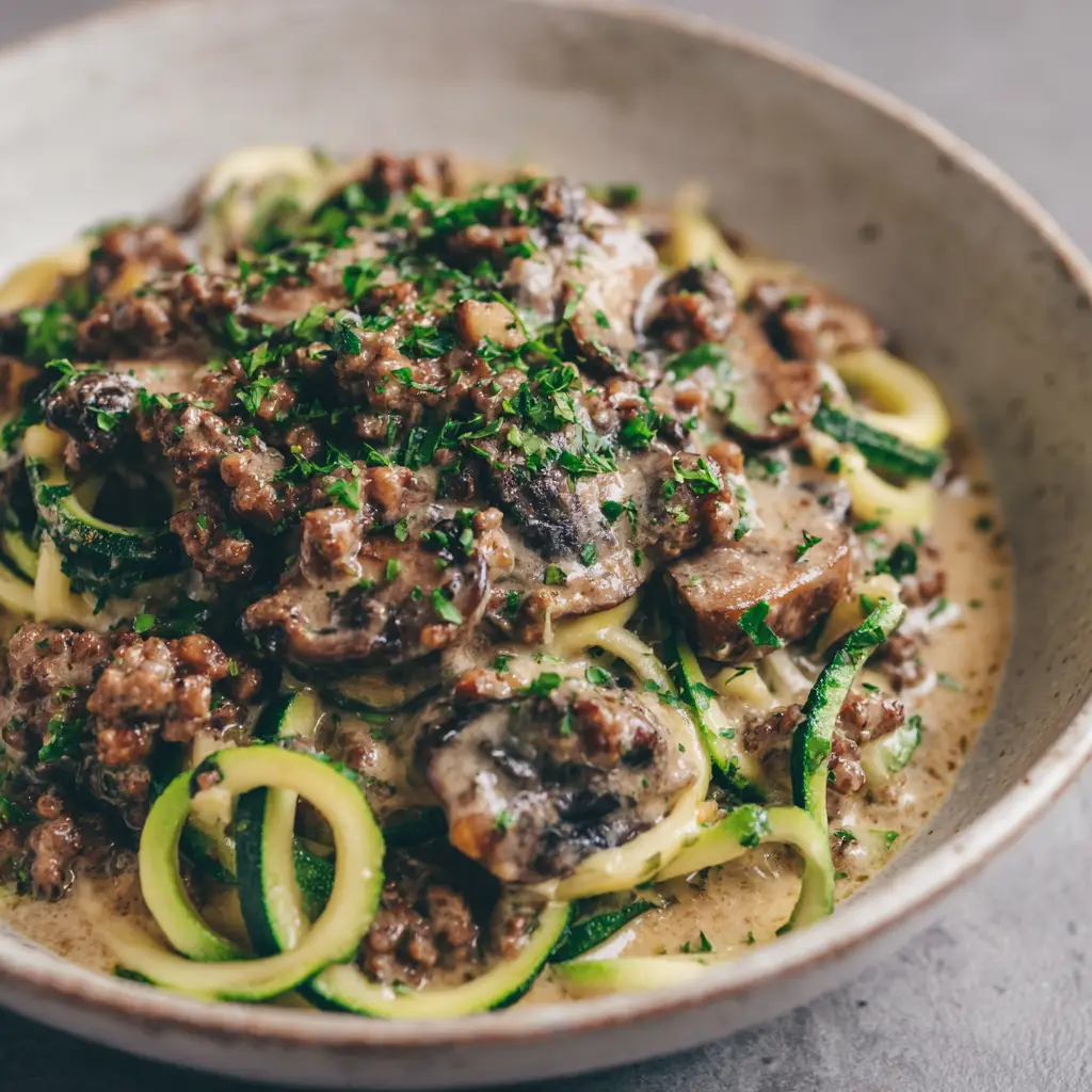 A rustic white ceramic bowl showing a dense and hearty texture of Keto Ground Beef Stroganoff garnished with bright green fresh parsley flakes.
