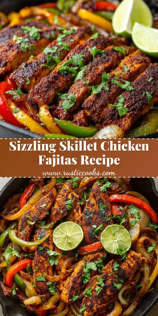 The Ultimate Sizzling Skillet Chicken Fajitas 4 A steaming black cast iron skillet filled with sizzling Skillet Chicken Fajitas, featuring blistered peppers, caramelized onions, and spiced chicken breast strips.