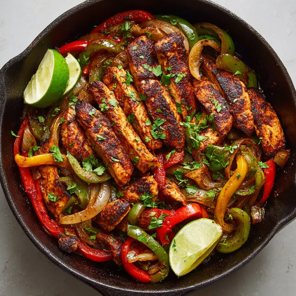 The Ultimate Sizzling Skillet Chicken Fajitas 2 Close up of Skillet Chicken Fajitas showing tender pan-seared chicken with a reddish-brown spice crust and glossy cooking juices.