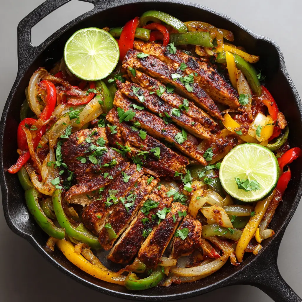 The Ultimate Sizzling Skillet Chicken Fajitas 1 Sizzling skillet chicken fajitas garnished with roughly chopped fresh green cilantro leaves and lightly charred lime wedges.