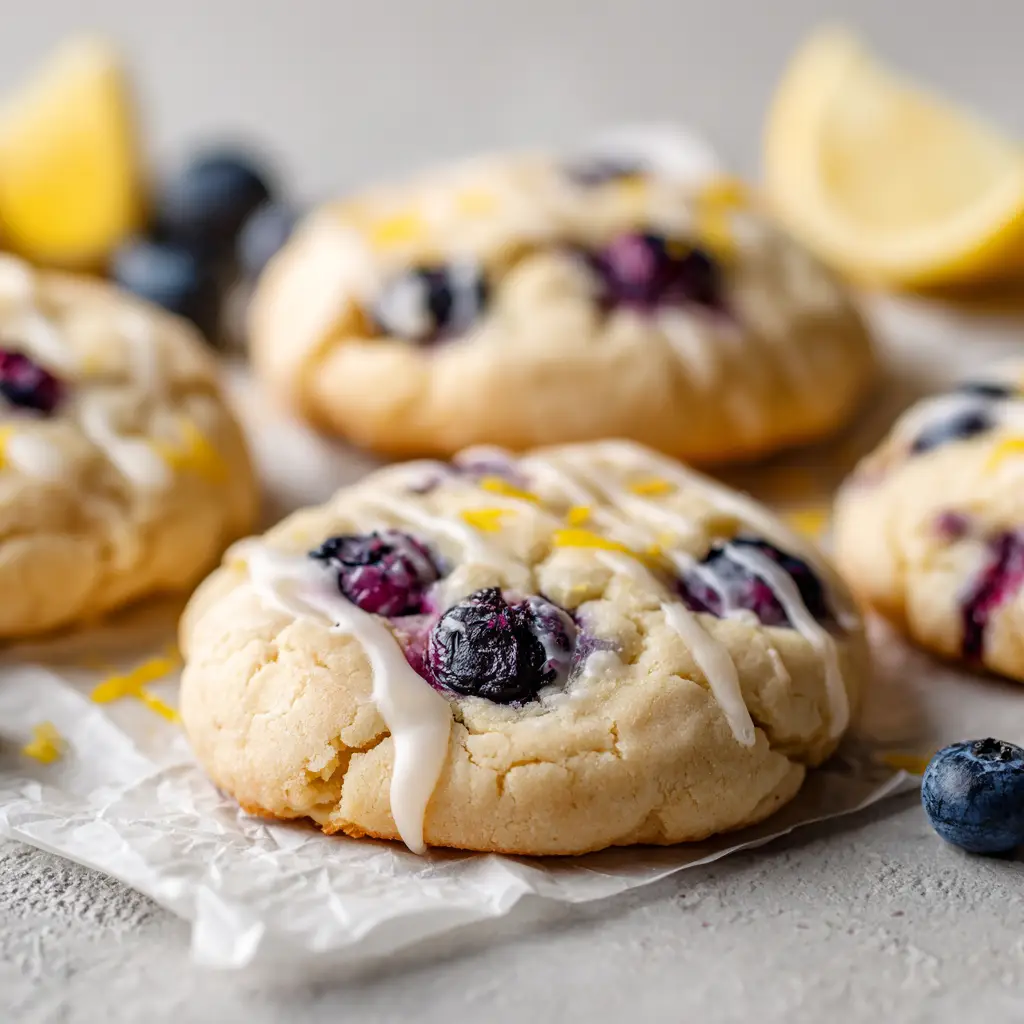 Soft baked lemon blueberry cheesecake cookies with pale golden brown edges and bright yellow lemon zest flecks on a light grey stone counter.