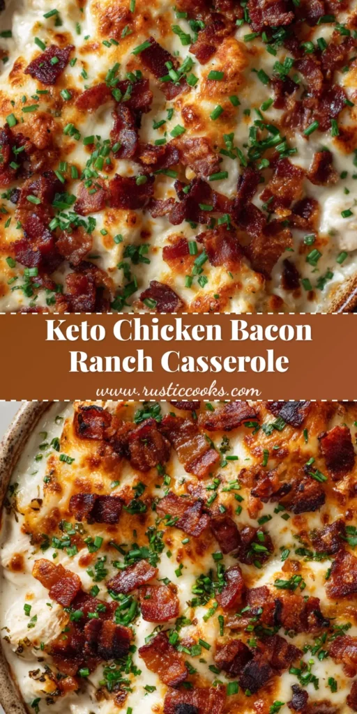 The Ultimate Keto Chicken Bacon Ranch Casserole 4 Close-up of a Keto Chicken Bacon Ranch Casserole showing a bubbly golden-brown cheese crust topped with crispy dark red-brown crumbled bacon, fresh chives, and parsley.