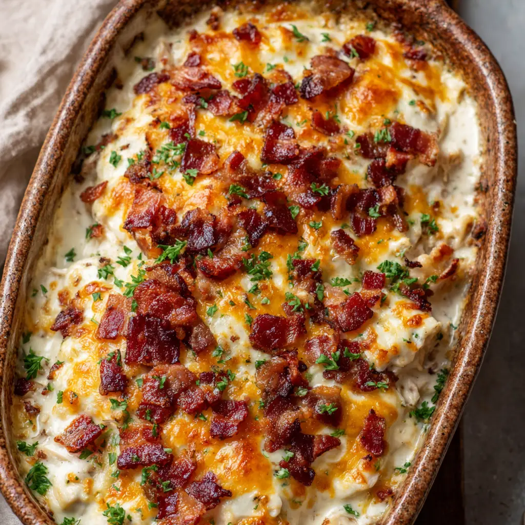 The Ultimate Keto Chicken Bacon Ranch Casserole 2 Top-down view of a creamy Keto Chicken Bacon Ranch Casserole in a rustic ceramic baking dish with slight charring and bubbling sauce on the edges.