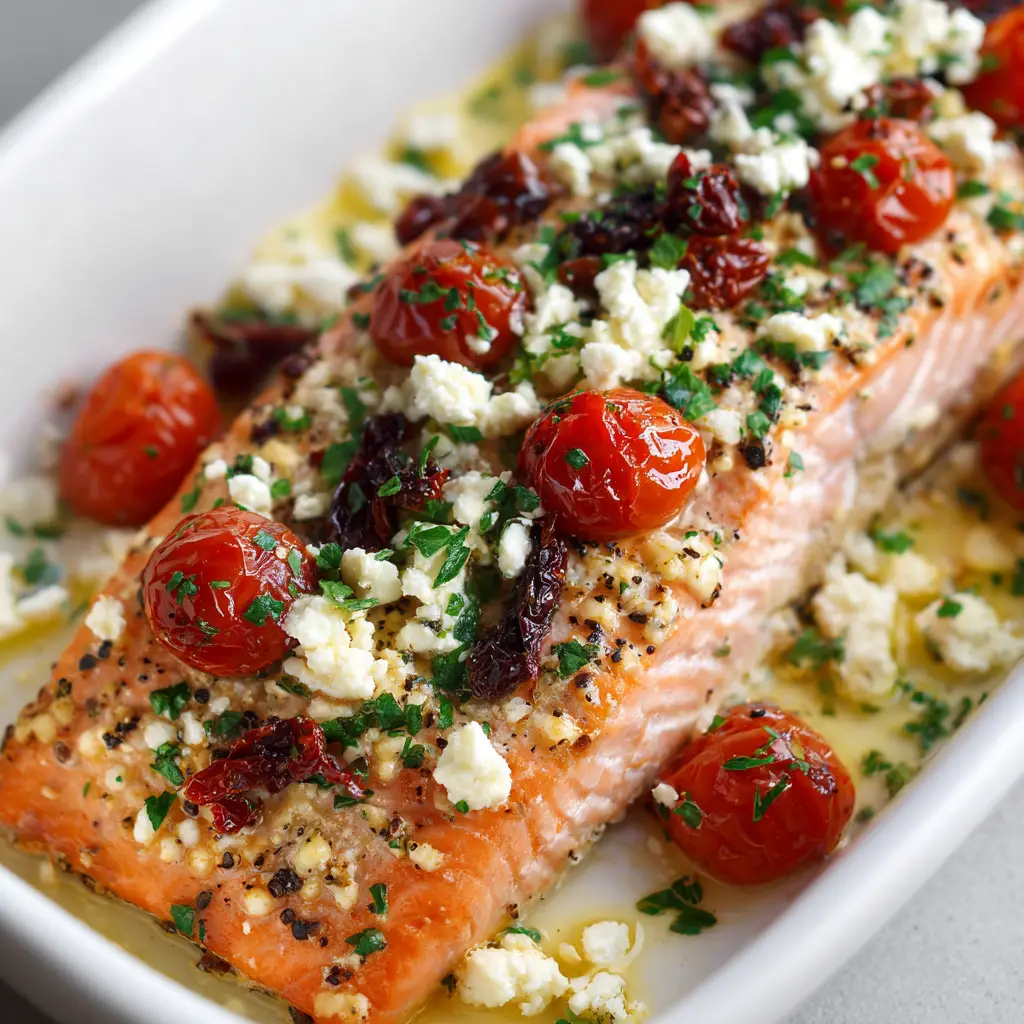A vibrant Mediterranean Baked Salmon resting on a flat white ceramic baking dish, topped with fresh green parsley flakes and blistered tomatoes.