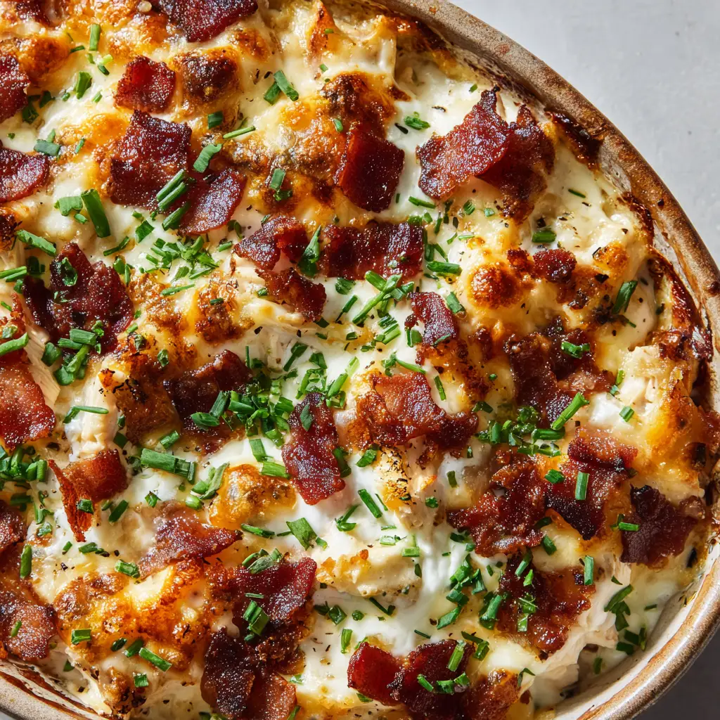 The Ultimate Keto Chicken Bacon Ranch Casserole 1 A scoop of Keto Chicken Bacon Ranch Casserole revealing tender shredded cooked chicken breasts mixed into a thick, glossy white cream cheese ranch sauce.