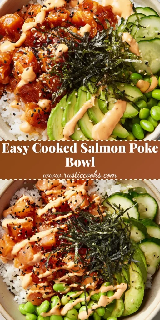 A wide ceramic bowl filled with a Cooked Salmon Poke Bowl featuring sushi rice, caramelized salmon, fanned avocado, and spicy mayo.