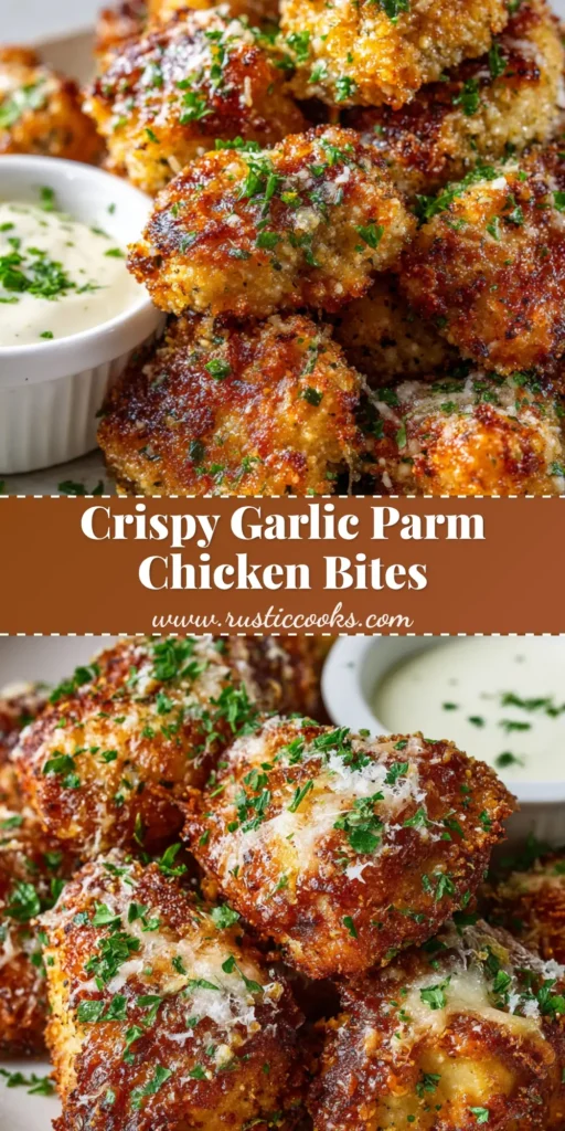 A close up shot of crispy baked Garlic Parmesan Chicken Bites on a rustic white plate with creamy dipping sauce.