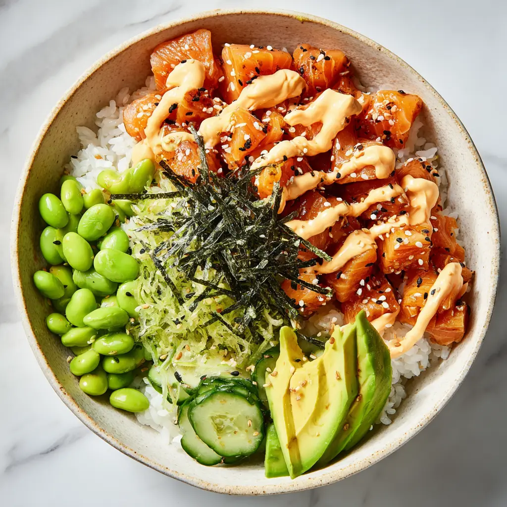 Overhead view of a perfectly arranged cooked salmon poke bowl in a light-colored ceramic dish.