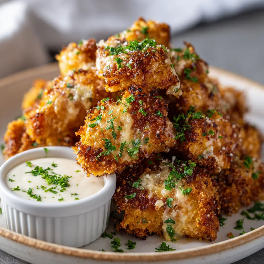 Garlic Parmesan Chicken Bites piled on a white ceramic plate next to a ramekin of creamy white dipping sauce.
