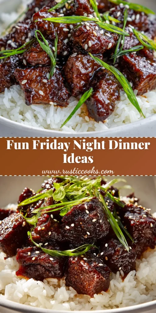 A minimalist white ceramic bowl filled with fluffy steamed jasmine rice, topped with sticky Asian steak bites, caramelized beef, toasted sesame seeds, and green scallions. Perfect Friday Night Dinner Ideas.