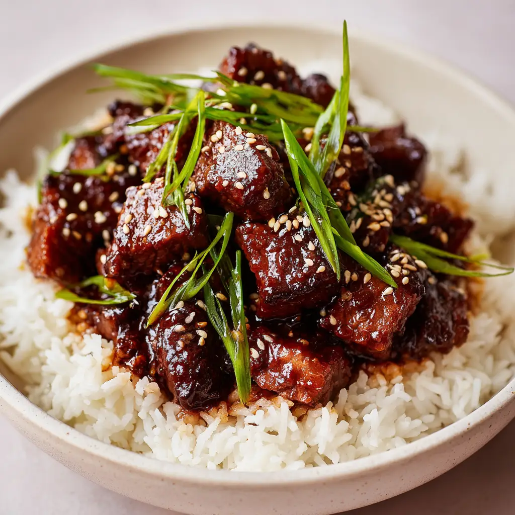 Handheld smartphone-style photo of sticky beef bites over rice, garnished with toasted white sesame seeds and fresh sliced scallions, illuminated by soft natural light.