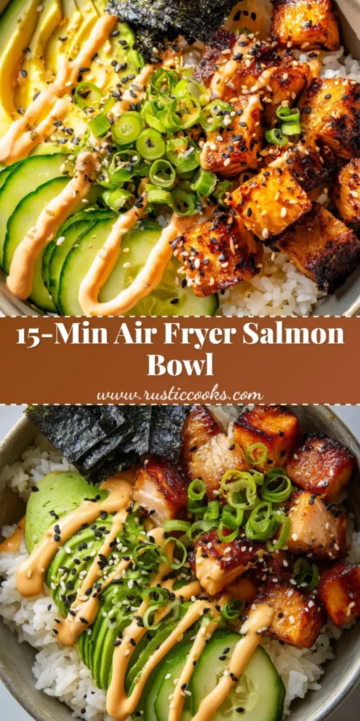 The Ultimate Air Fryer Salmon Rice Bowl 4 A close-up, top-down view of an Air Fryer Salmon Rice Bowl in a matte ceramic bowl, featuring crispy salmon, rice, fanned avocado, cucumber ribbons, and a spicy mayo drizzle.