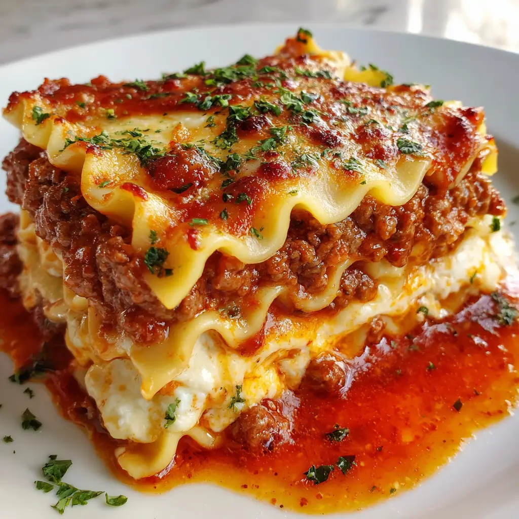 Close-up of a Ground Beef Lasagna slice with blistered golden-brown mozzarella, fresh green parsley flakes, and a slight oily tomato sauce pool.